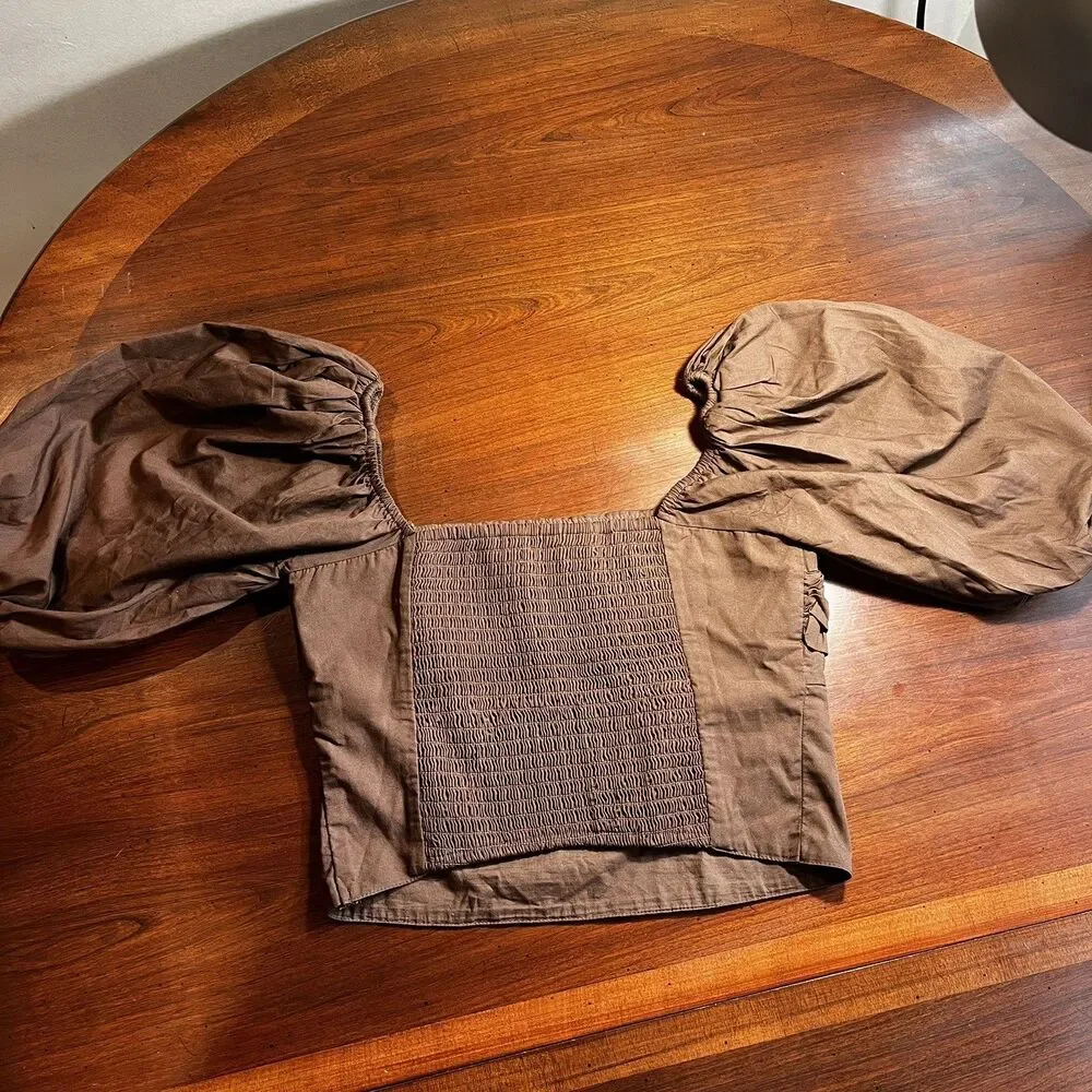 Abercrombie&Fitch Puff Sleeve Smocked Back Crop Top Brown XS Renaissance Cottage